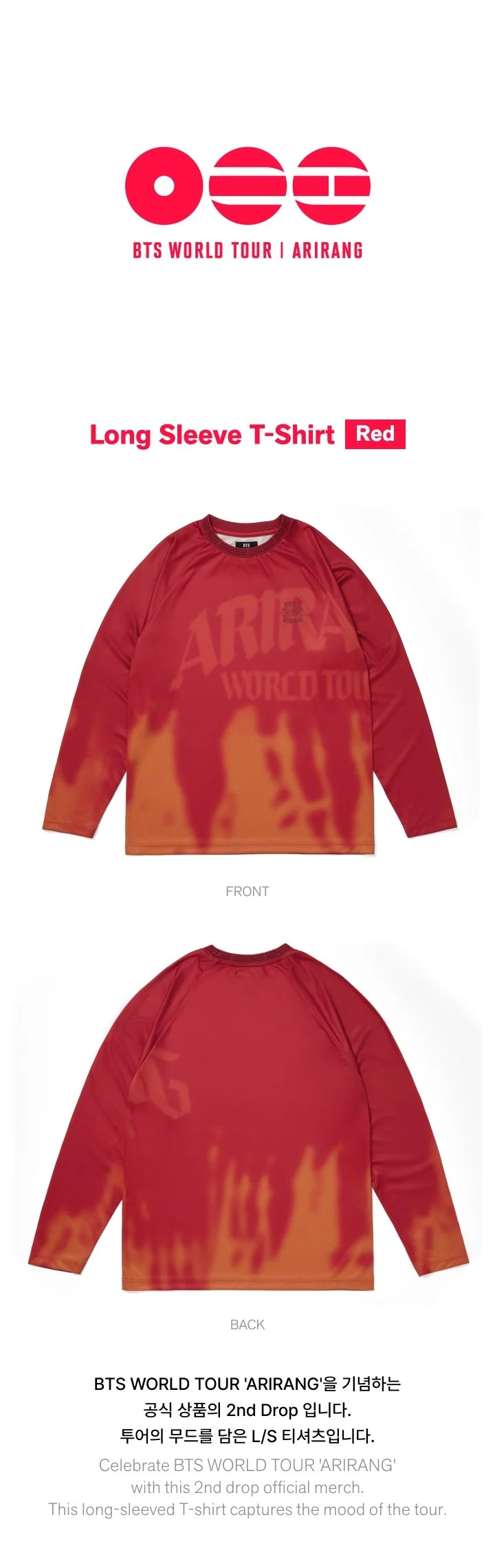 BTS - ARIRANG 2ND DROP WORLD TOUR MD LONG SLEEVE T-SHIRT (RED)